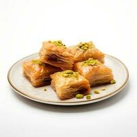 Photo of Baklava on plate isolated on white background. Created by Generative AI