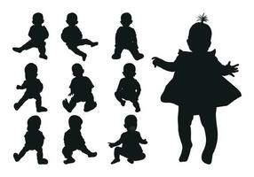 Image of a black silhouette of a baby up to a year, newborn. The child running, sitting, walking, dance, crawling, playing vector