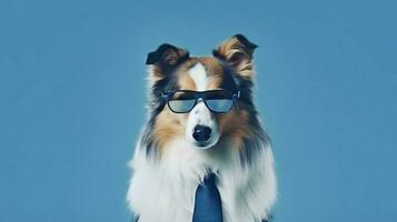 Photo of haughty rough collie dog using sunglasses  and office suit on white background. Generative AI