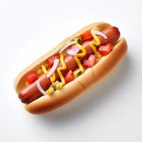 Photo of hot dog on plate isolated on white background. Created by Generative AI