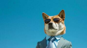 Photo of haughty shiba inu dog using glasses  and office suit on white background. Generative AI