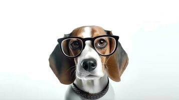 foto de arrogante beagle utilizando lentes y oficina traje en blanco antecedentes. generativo ai