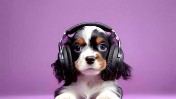 Photo of haughty cavalier using headphone  and office suit on white background. Generative AI