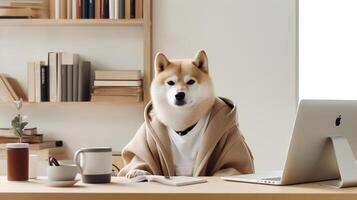 un shiba inu perro en un suéter se sienta estudiando acompañado por un taza y pila de algo de libros. generativo ai foto