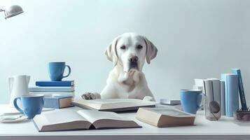 un dorado perdiguero perro en un suéter se sienta estudiando acompañado por un taza y pila de algo de libros. generativo ai foto