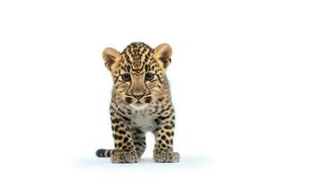foto de un leopardo en blanco antecedentes. generativo ai
