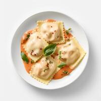 Food photography of Ravioli on plate isolated on white background. Generative AI photo