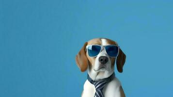 foto de arrogante beagle utilizando Gafas de sol y oficina traje en blanco antecedentes. generativo ai