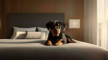 Rottweiler dog lying on bed in hotel with contemporary interior design. Generative AI photo