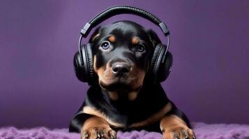 Photo of dachshund using headphone  on purple background. Generative AI