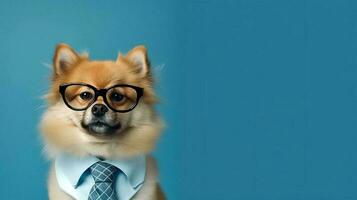 Photo of haughty pomeranian dog using glasses  and office suit on white background. Generative AI