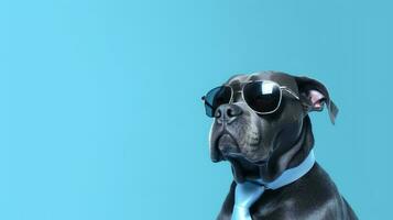 Photo of haughty cane corso using sunglasses  and office suit on white background. Generative AI