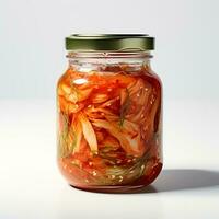 Food photography of kimchi on jar isolated on white background. Generative AI photo