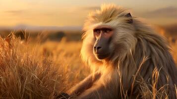 foto de babuino en sabana a puesta de sol. generativo ai