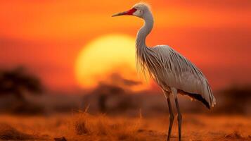 Photo of Secretary Bird on savanna at sunset. Generative AI