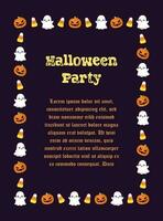 Cute Halloween party invitation card frame template. Rectangle Halloween border design with cartoon ghost, jack o lantern, pumpkins, candy corn. Social media banner vector illustration