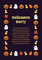 Cute Halloween party invitation card frame template. Rectangle Halloween border design with cartoon ghost, jack o lantern, pumpkins, candy corn. Social media banner vector illustration