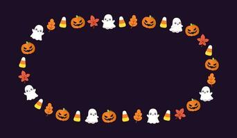 Cute Halloween frame template. Oval Halloween border design with cartoon ghost, jack o lantern, pumpkins, candy corn. Social media banner vector illustration