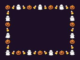 Cute Rectangle Halloween frame template. Rectangular Halloween border with cartoon ghost, jack o lantern, pumpkins, candy corn. Social media banner vector illustration