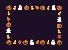 Cute Rectangle Halloween frame template. Rectangular Halloween border with cartoon ghost, jack o lantern, pumpkins, candy corn. Social media banner vector illustration