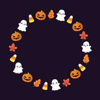 Round Halloween frame border design with cartoon ghost, jack o lantern, pumpkins, candy corn. Cute Halloween card doodles. Vector Halloween illustrations