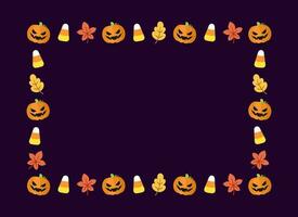 Cute Halloween card template. Rectangle Halloween frame border design with jack o lantern, pumpkins, candy corn. Social media banner post vector illustration.