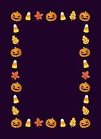 Cute Vertical Rectangle Halloween frame border design with jack o lantern, pumpkins, candy corn. Social media banner post vector illustration.