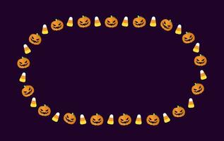 Cute Halloween frame template. Oval Halloween border design with jack o lantern, pumpkins, candy corn. Social media banner vector illustration