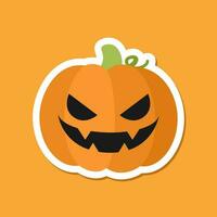 Scary spooky evil pumpkin jack o lantern sticker design. Traditional decoration symbol of halloween trick or treat holiday celebration. Vector illustration.