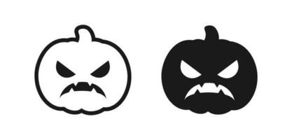 Cute simple jack O lantern outline and silhouette icon set. Halloween evil pumpkin trick or treat sign symbol. Vector Illustration.