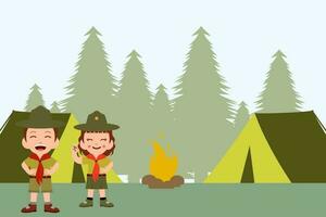 Camping scouts. Campfire in forest and happy kids in uniform outdoor vector adventure flat concept