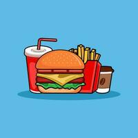 conjunto de hamburguesa, francés papas fritas, soda y café aislado. rápido comida productos en plano estilo en azul antecedentes. vector ilustración