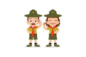 contento linda pequeño niño chico y niña vestir explorar uniforme vector