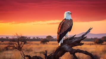 Photo of African Fish Eagle on savanna at sunset.