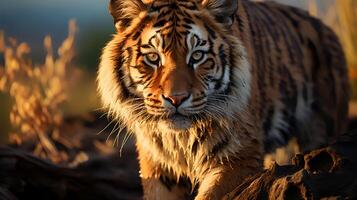 Photo of tiger on savanna at sunset. Generative AI