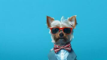 Photo of haughty yorkshire terrier using sunglasses  and office suit on white background