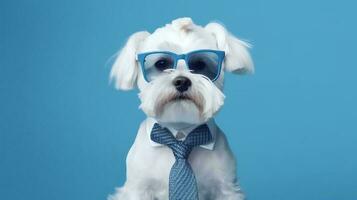 Photo of haughty Maltese dog using glasses  and office suit on white background. Generative AI