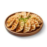 Photo of Gyoza on plate isolated on white background. Created by