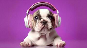 Photo of Bulldog using headphone  on purple background. Generative AI