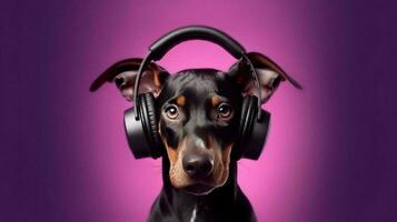 Photo of doberman using headphone  on purple background. Generative AI