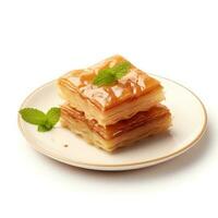 Photo of Baklava on plate isolated on white background. Created by Generative AI