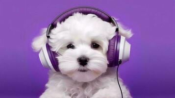foto de un bichón fisarse perro utilizando auricular en blanco antecedentes. generativo ai