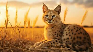 Photo of Serval on savanna at sunset. Generative AI