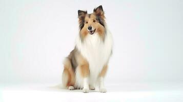 Photo of a rough collie on white background. Generative AI