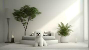 poodle dog standing in a minimalist living room with white tones. Generative AI photo