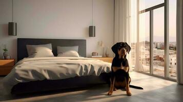 Rottweiler perro acostado en cama en hotel con contemporáneo interior diseño. generativo ai foto