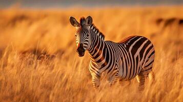 Photo of zebra on savanna at sunset. Generative AI