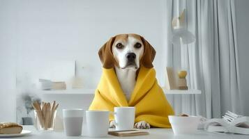 a beagle dog in a yellow clothes sits studying accompanied by a cup and piles of books. Generative AI photo
