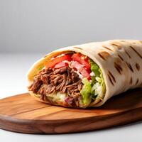 Food photography of Shawarma on wooden board isolated on white background. Generative AI photo