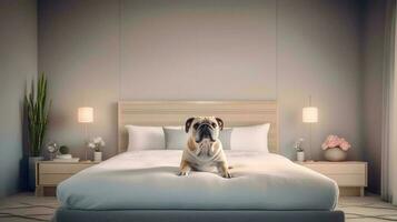 bulldog dog lying on bed in hotel with contemporary interior design. Generative AI photo